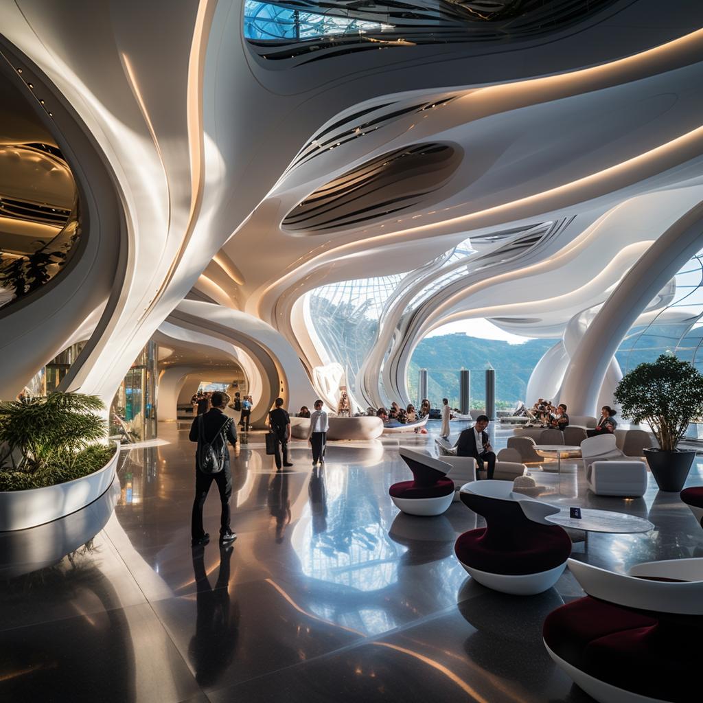 Interior with sculptural lines and reflective stone